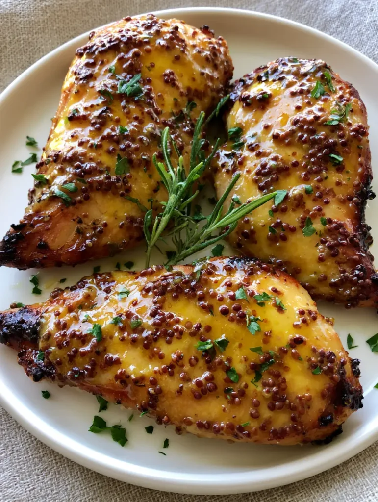 Close-up of Honey Mustard Chicken showing the texture of whole grain mustard seeds and caramelized edges on a matte white plate.