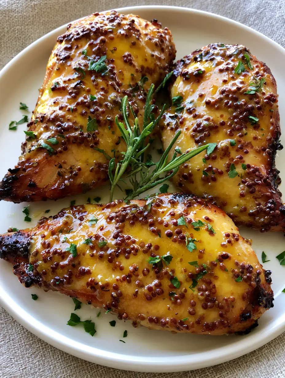 Close-up of Honey Mustard Chicken showing the texture of whole grain mustard seeds and caramelized edges on a matte white plate.