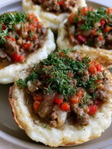Close-up smartphone photo of Stuffed Mashed Potato Nests showing the thick creamy walls and toasted edges.