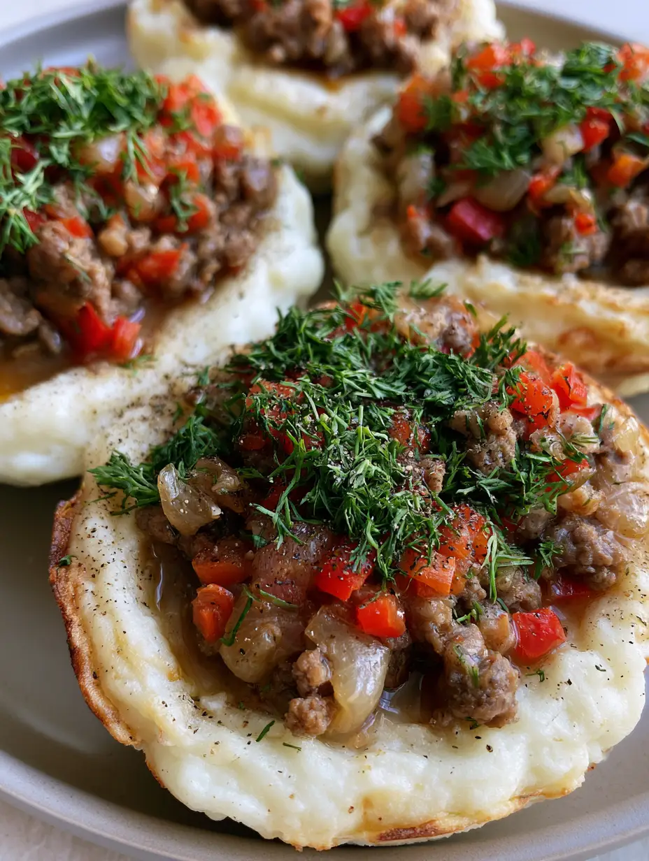 Stuffed Mashed Potato Nests with Savory Beef and Fresh Dill 3 Close-up smartphone photo of Stuffed Mashed Potato Nests showing the thick creamy walls and toasted edges.