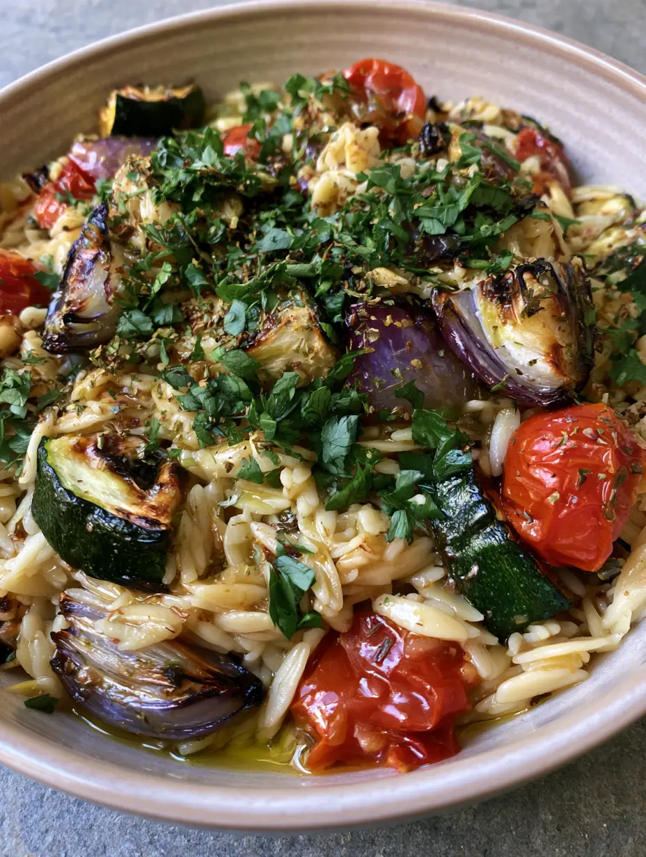 Roasted Vegetable Orzo Salad with Lemon Vinaigrette and Charred Zucchini 4 Close up shot of Roasted Vegetable Orzo Salad showing the texture of charred zucchini and ivory-colored orzo pasta pearls.