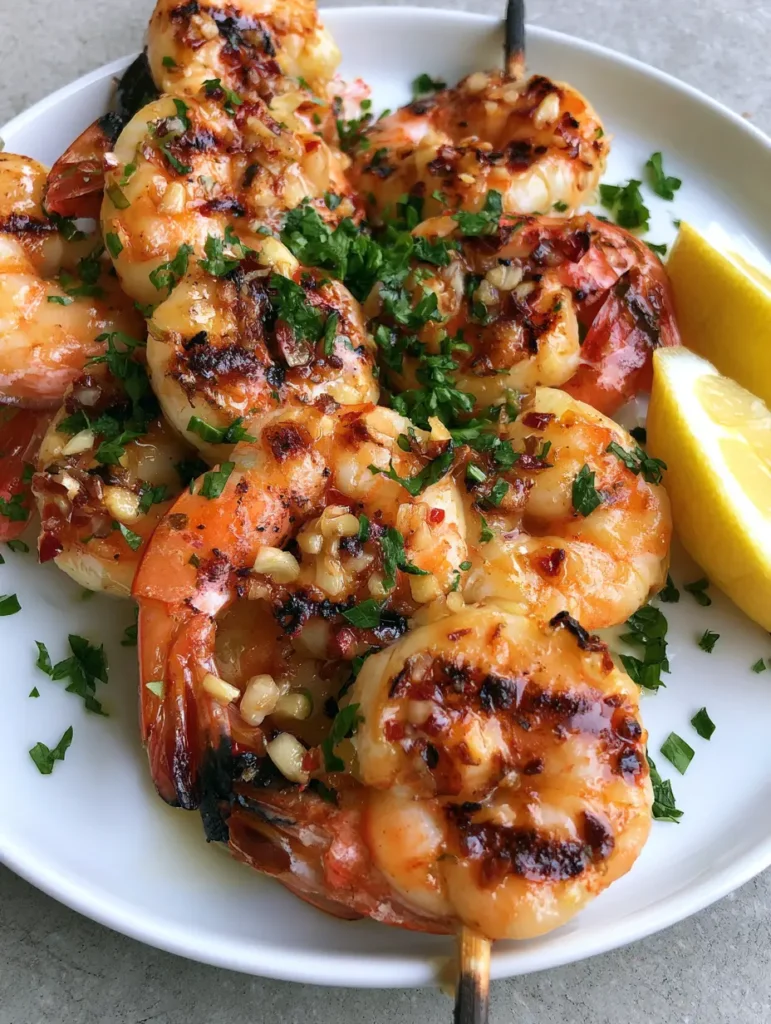 Grilled Shrimp Skewers being served on a white ceramic plate with fresh lemon and parsley garnish.