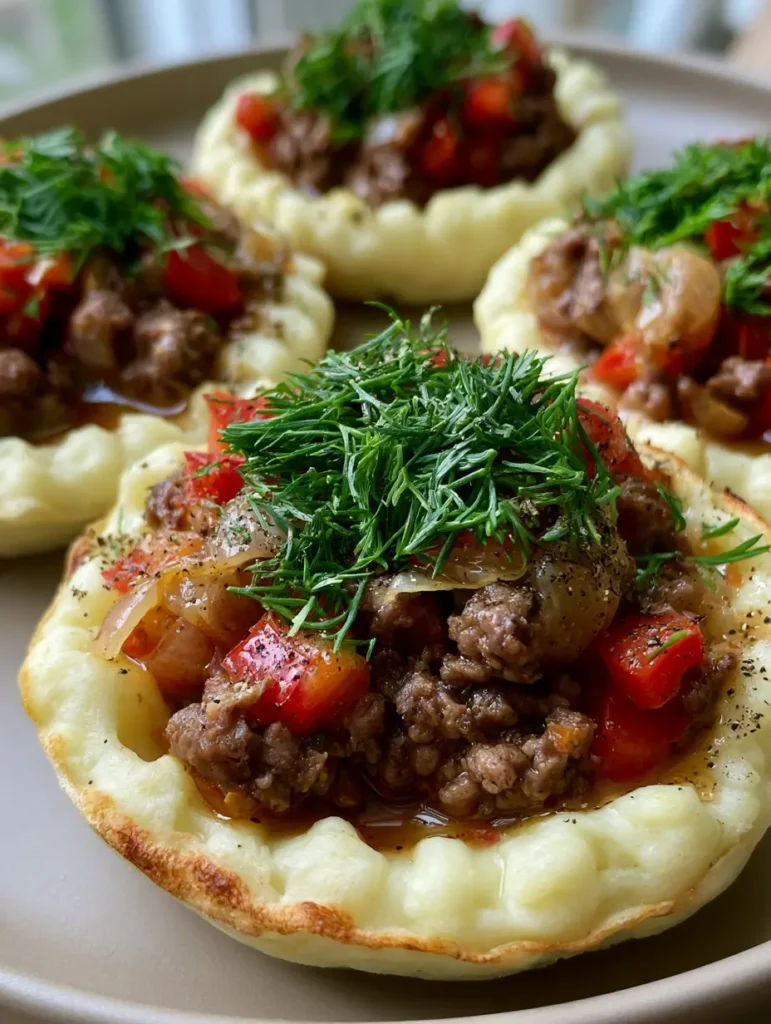 Stuffed Mashed Potato Nests with Savory Beef and Fresh Dill 1 A top-down view of Stuffed Mashed Potato Nests garnished with chopped green dill and cracked black pepper.