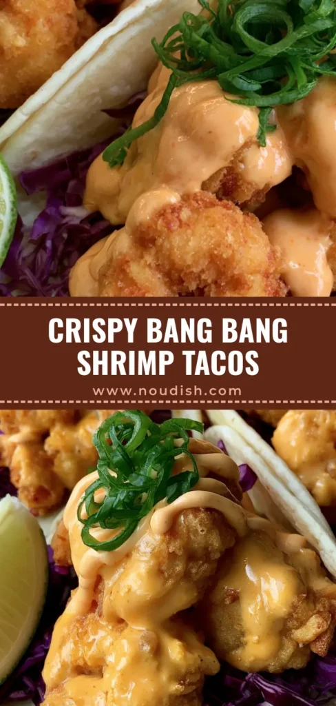 Three street-style Bang Bang Shrimp Tacos filled with crispy breaded shrimp in a creamy orange sauce, topped with shredded purple cabbage and green onions on a neutral surface.
