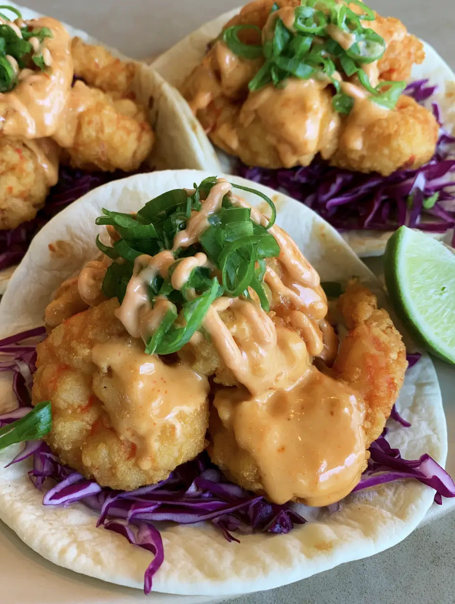 A close-up handheld smartphone photo of three Bang Bang Shrimp Tacos showing the crunchy texture of the breaded shrimp and the glossy sauce.