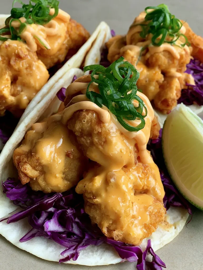 Overhead smartphone photo of Bang Bang Shrimp Tacos with vibrant purple cabbage and a spicy mayo drizzle.