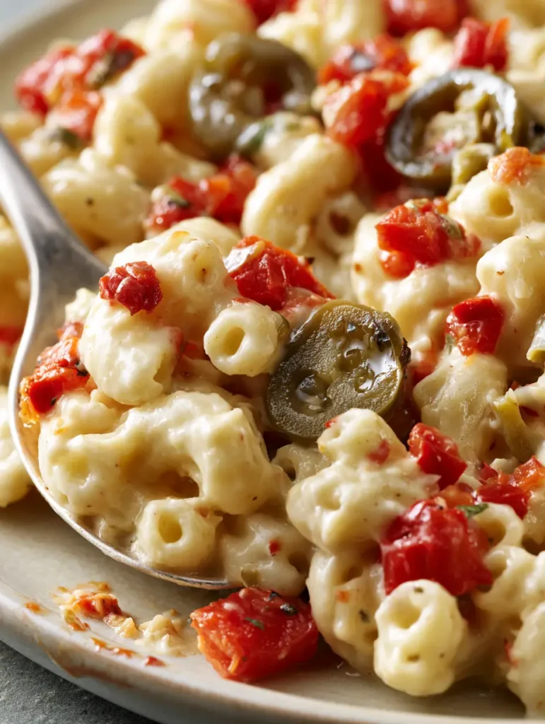 A close up view of Guy Fieri Macaroni Salad showing the glossy oily sheen and vibrant roasted red peppers.