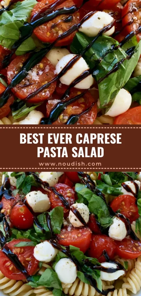A handheld smartphone photo of a white ceramic bowl filled with Caprese Pasta Salad featuring rotini, mozzarella pearls, and a crisscross balsamic drizzle.