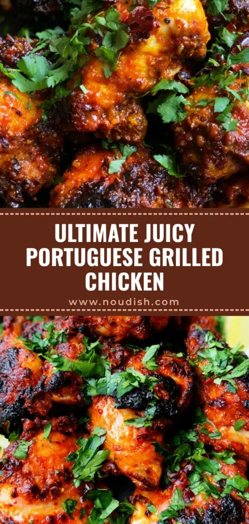 A tall, vertical shot of Portuguese Grilled Chicken pieces with charred skin and orange-red marinade on a dark plate, garnished with parsley and lemon wedges.
