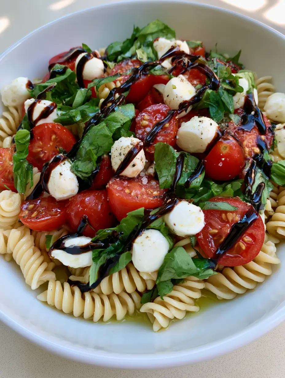 Close-up of rotini pasta spirals coated in olive oil with cherry tomatoes and mozzarella pearls in a Caprese Pasta Salad.