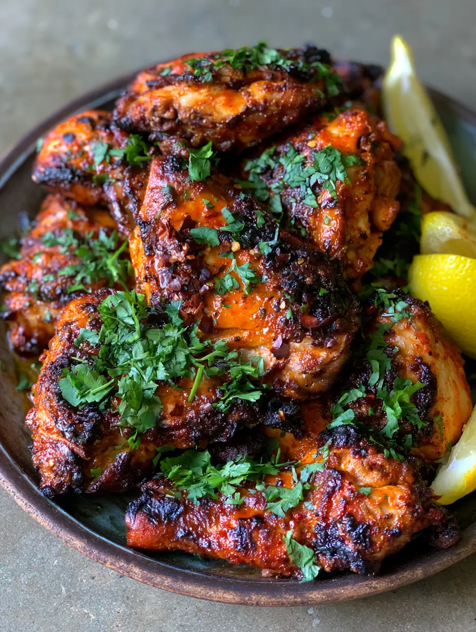 Close-up handheld photo of succulent Portuguese Grilled Chicken showing the vibrant orange-red spice coating and charred texture.