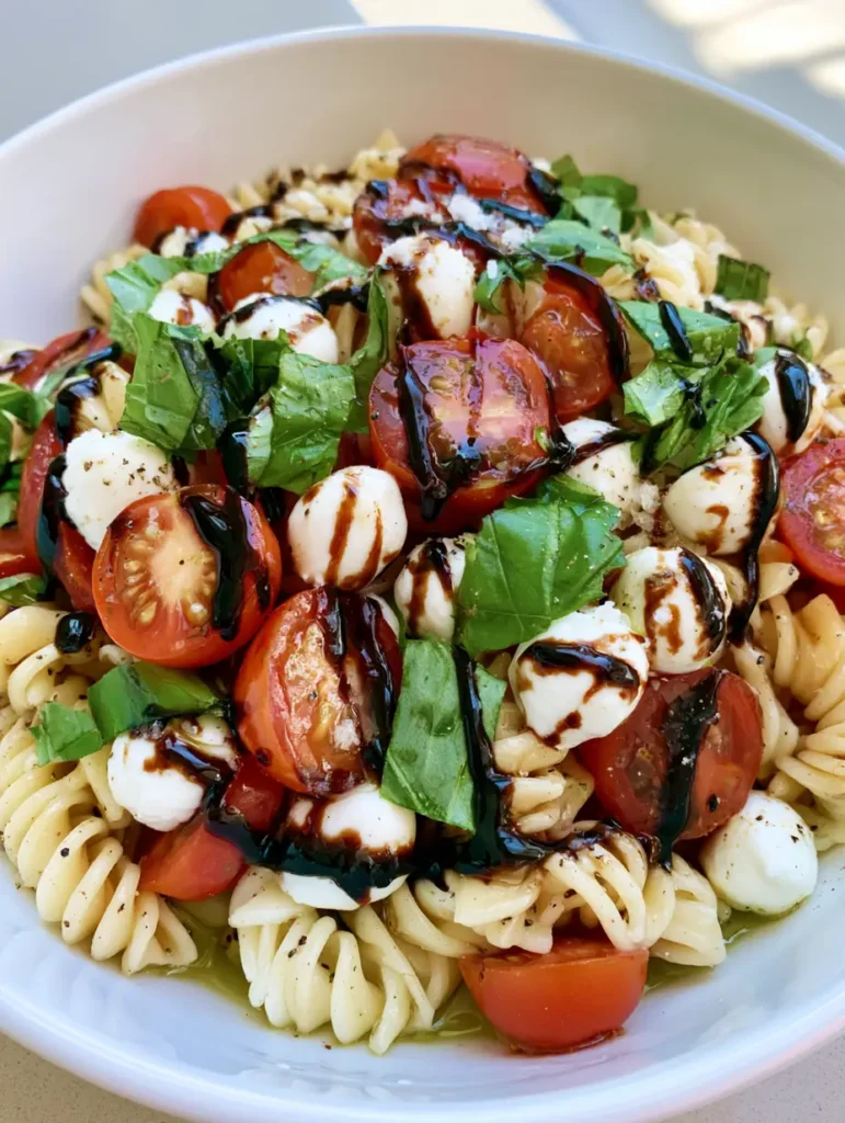 Top view of a Caprese Pasta Salad bowl showing the glossy balsamic glaze drizzle and fresh basil leaves.