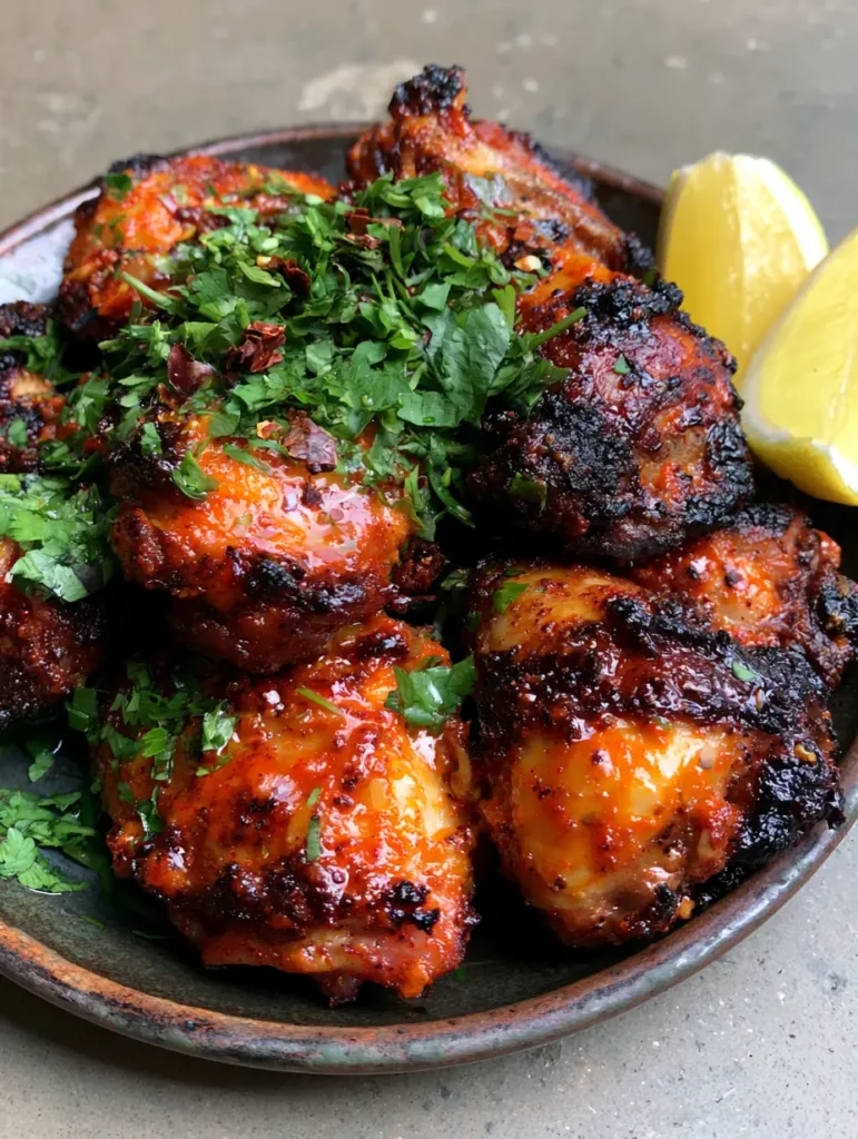 A rustic plate of Portuguese Grilled Chicken garnished with fresh parsley and red chili flakes on a textured grey background.