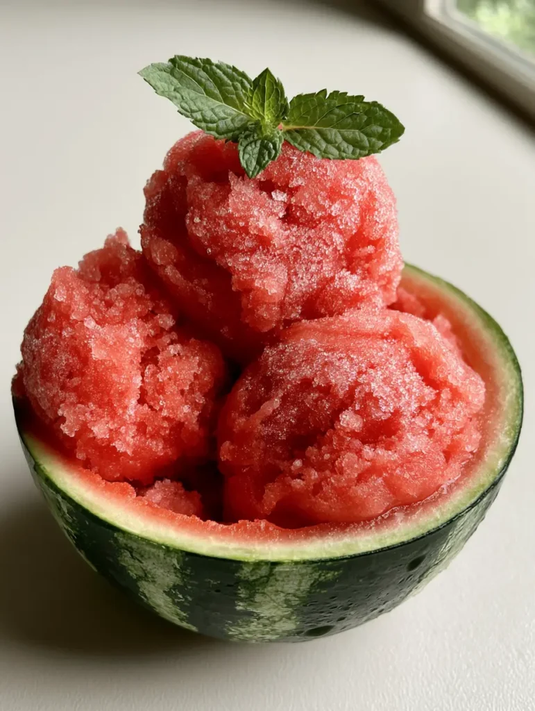 Watermelon Sorbet Recipe: The Ultimate 3-Ingredient Summer Refreshment 2 A close-up of grainy, icy watermelon sorbet scoops with visible frost in a dark green rind. (Watermelon Sorbet Recipe)