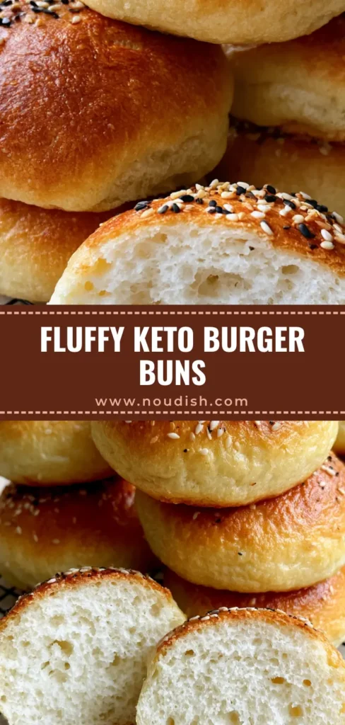 Keto Burger Buns: The Ultimate Fluffy Low-Carb Recipe 3 A stack of golden-brown Keto Burger Buns topped with black and white sesame seeds on a black wire cooling rack.