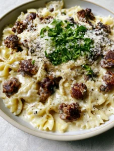High-angle view of Creamy Beef Bowtie Pasta in a shallow ceramic bowl showing thick garlic cream sauce and browned beef.