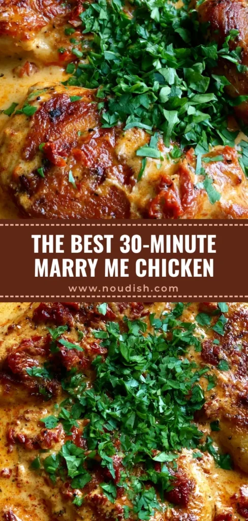 Marry Me Chicken Recipe: The Ultimate Creamy Garlic & Sun-Dried Tomato Dinner 4 A close-up of the finished Marry Me Chicken Recipe in a cast-iron skillet with thick orange sauce and green parsley.