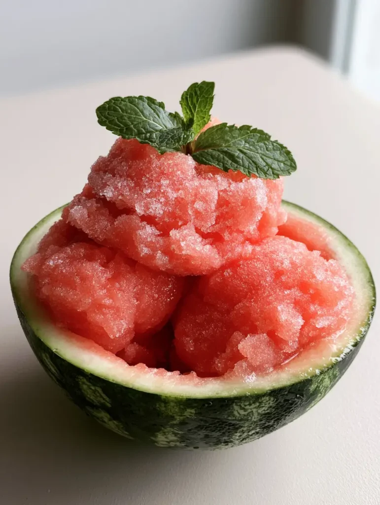 Watermelon Sorbet Recipe: The Ultimate 3-Ingredient Summer Refreshment 1 Handheld photo of three rounded scoops of pink sorbet garnished with mint in a hollowed watermelon bowl.