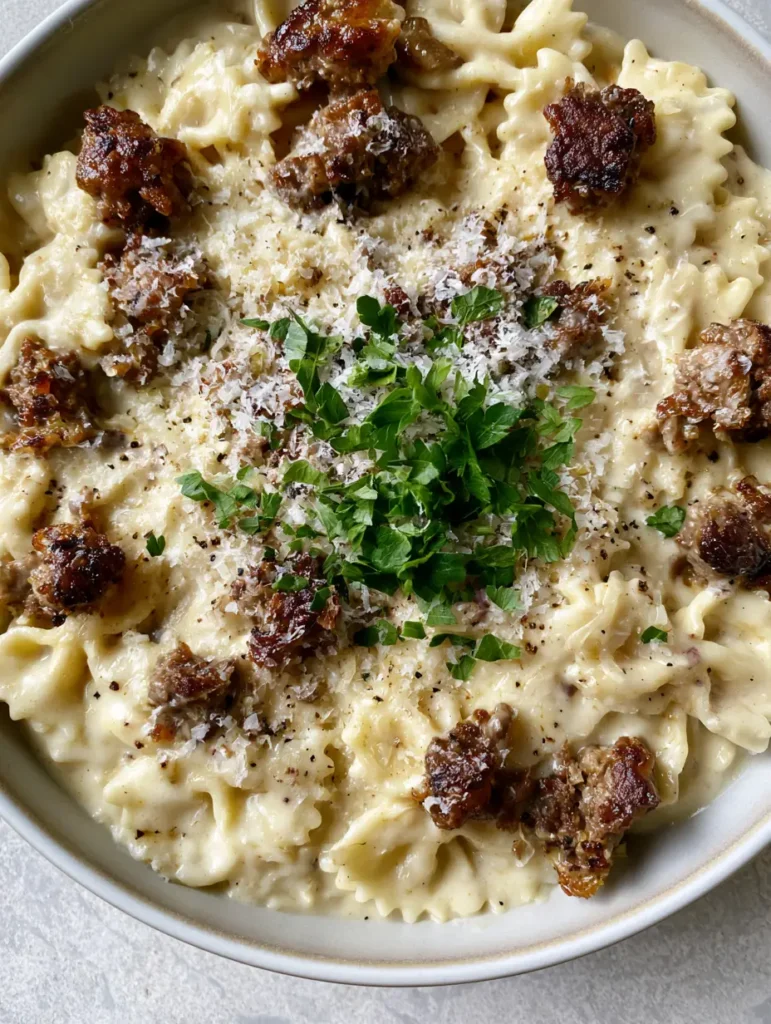 Creamy Beef Bowtie Pasta with Garlic Parmesan Sauce 1 Close-up detail of Creamy Beef Bowtie Pasta highlighting the caramelized edges of the seared ground beef.