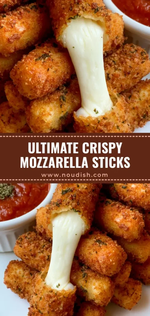 Mozzarella Cheese Sticks: The Ultimate Crispy, Stretchy Appetizer 4 A stack of golden brown Mozzarella Cheese Sticks on a white plate with a stretchy cheese pull and marinara sauce.
