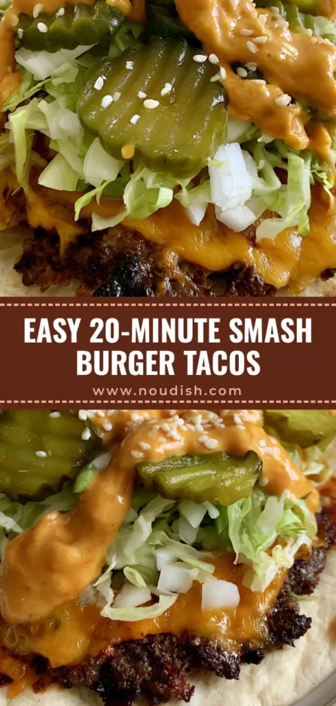 Smash Burger Tacos: The Ultimate Viral Crispy Beef Tortilla Recipe 3 A handheld Smash Burger Taco with a crispy smashed beef patty, melted orange cheddar, shredded lettuce, and crinkle-cut pickles on a soft flour tortilla. (Smash Burger Tacos)