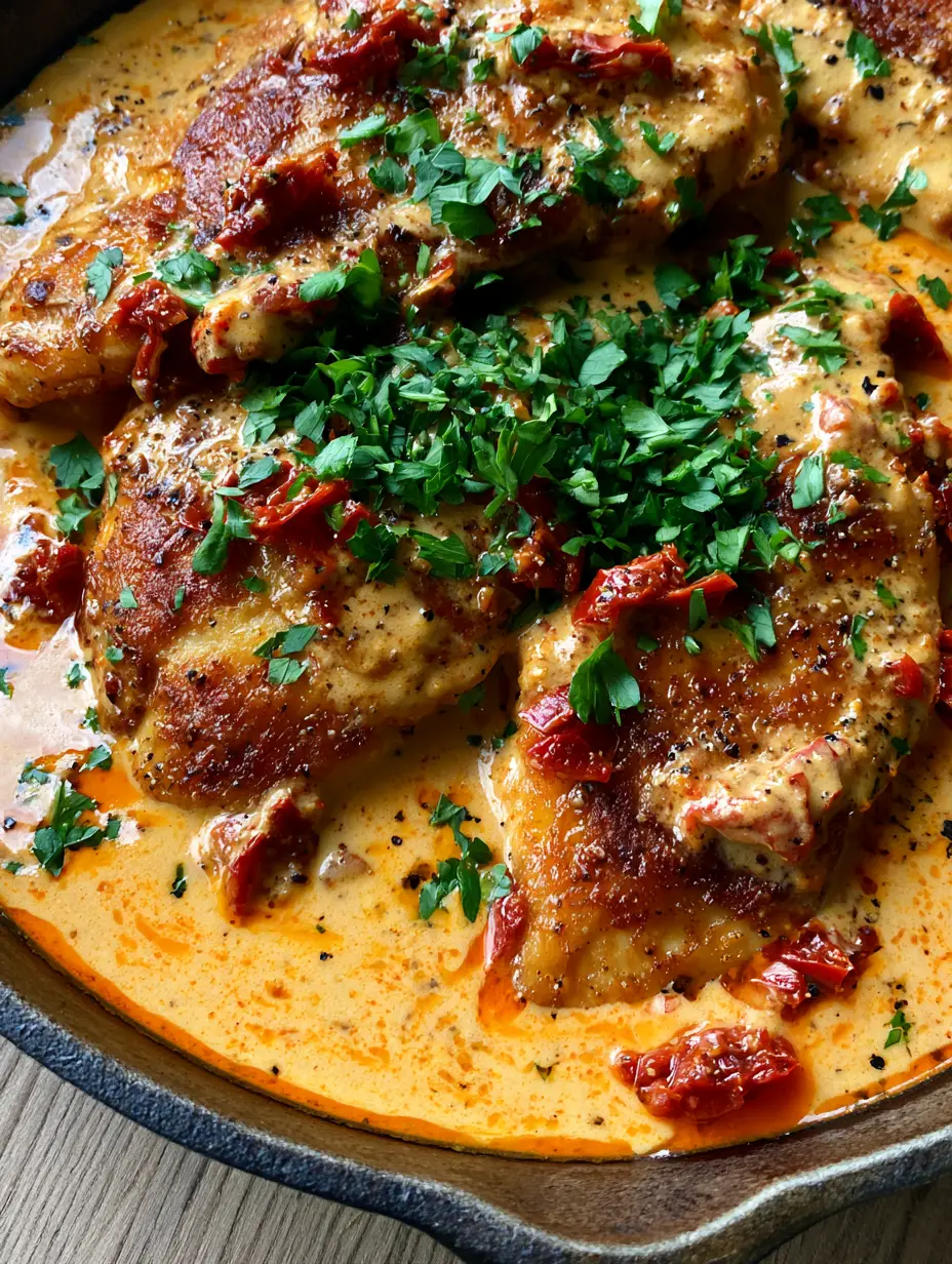 Marry Me Chicken Recipe: The Ultimate Creamy Garlic & Sun-Dried Tomato Dinner 3 Top-down view of golden-brown seared chicken in a velvety orange-tinted sauce (Marry Me Chicken Recipe).