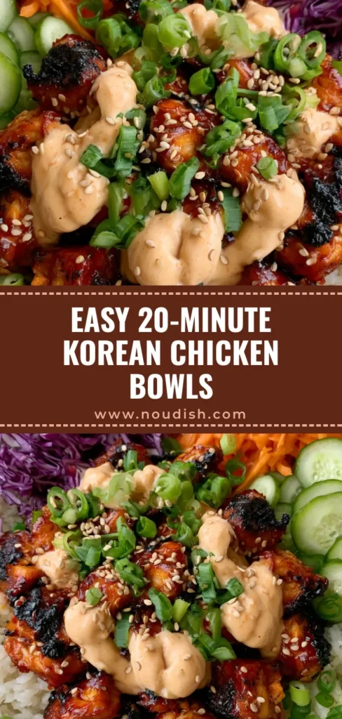 A vibrant Korean BBQ Chicken Bowl featuring charred chicken breast cubes, fresh cucumbers, purple cabbage, and shredded carrots over rice with Yum Yum sauce drizzle. (Korean BBQ Chicken Bowls)
