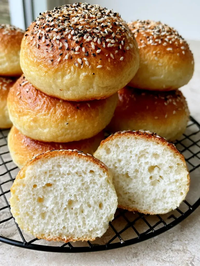 Keto Burger Buns: The Ultimate Fluffy Low-Carb Recipe 1 Slicing a keto burger bun to reveal an airy white interior crumb with visible air pockets.
