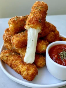 Close-up of golden brown Mozzarella Cheese Sticks showing thick crunchy breading and herb specks.