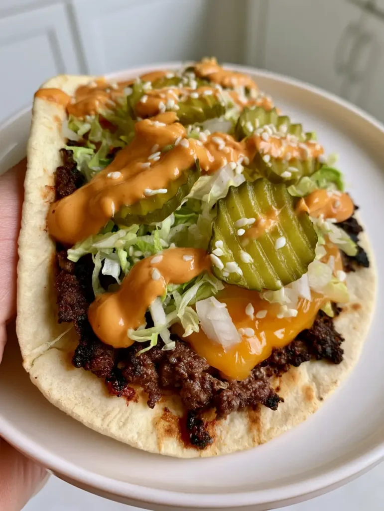 Close up of charred beef edges and melted cheese on a flour tortilla for Smash Burger Tacos. (Smash Burger Tacos)