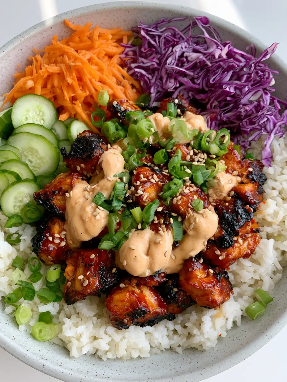 Close-up of charred chicken breast cubes in a reddish-brown BBQ glaze inside a speckled ceramic bowl. (Korean BBQ Chicken Bowls)