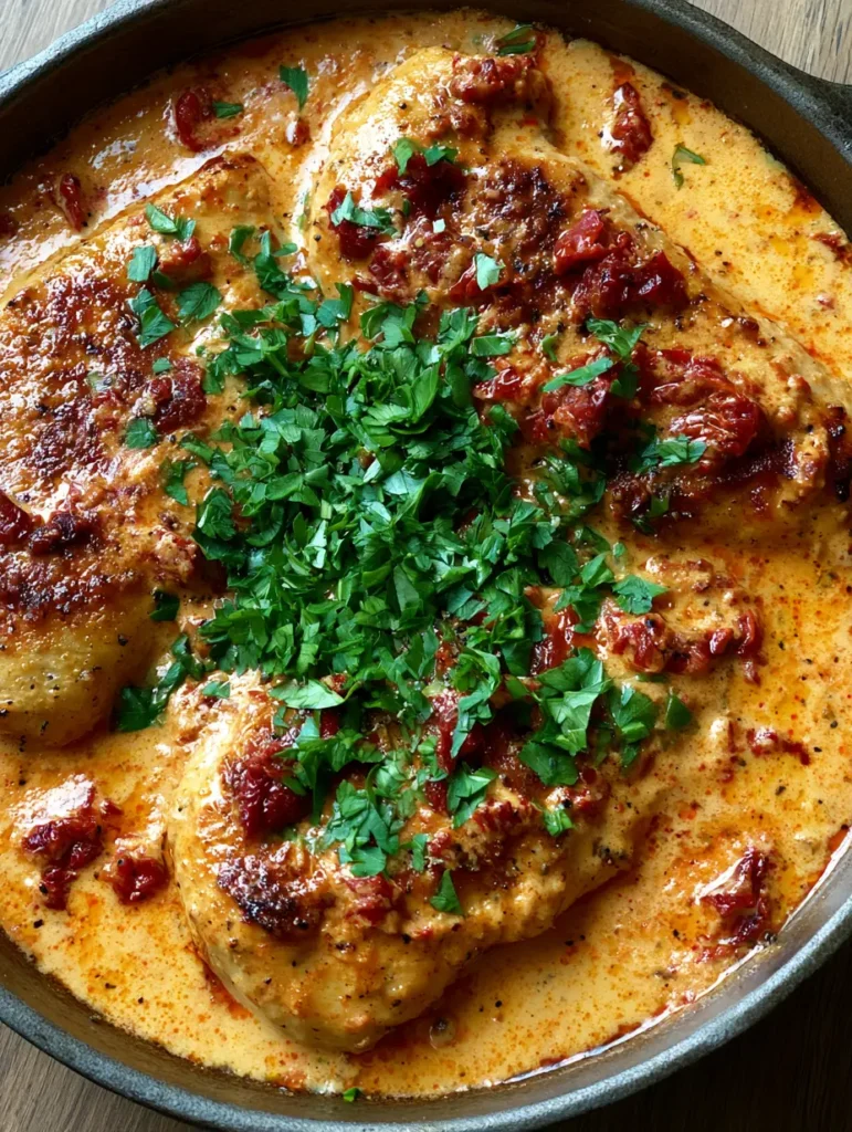 Marry Me Chicken Recipe: The Ultimate Creamy Garlic & Sun-Dried Tomato Dinner 1 Close up of thick garlic cream sauce with bits of sun-dried tomatoes and parsley.