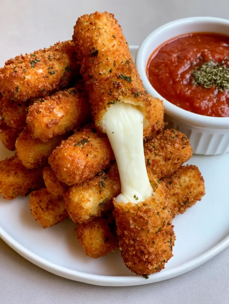 Mozzarella Cheese Sticks: The Ultimate Crispy, Stretchy Appetizer 1 Handheld photo of Mozzarella Cheese Sticks being pulled apart to show melted stretchy mozzarella.
