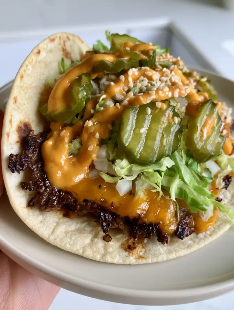 Smash Burger Tacos: The Ultimate Viral Crispy Beef Tortilla Recipe 1 Handheld photo showing the creamy orange sauce and sesame seed garnish on a Smash Burger Taco.