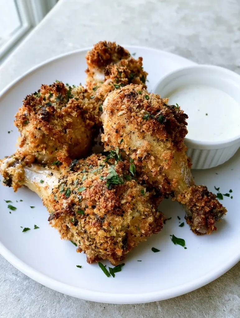Close up of Oven Fried Chicken with a creamy white ranch dipping sauce on a grey stone background.