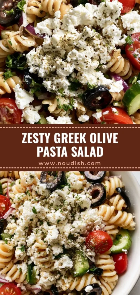Greek Olive Pasta Salad: The Ultimate Zesty Mediterranean Recipe 4 A vibrant Greek Olive Pasta Salad with rotini, black olives, and feta in a white bowl on a gray surface.