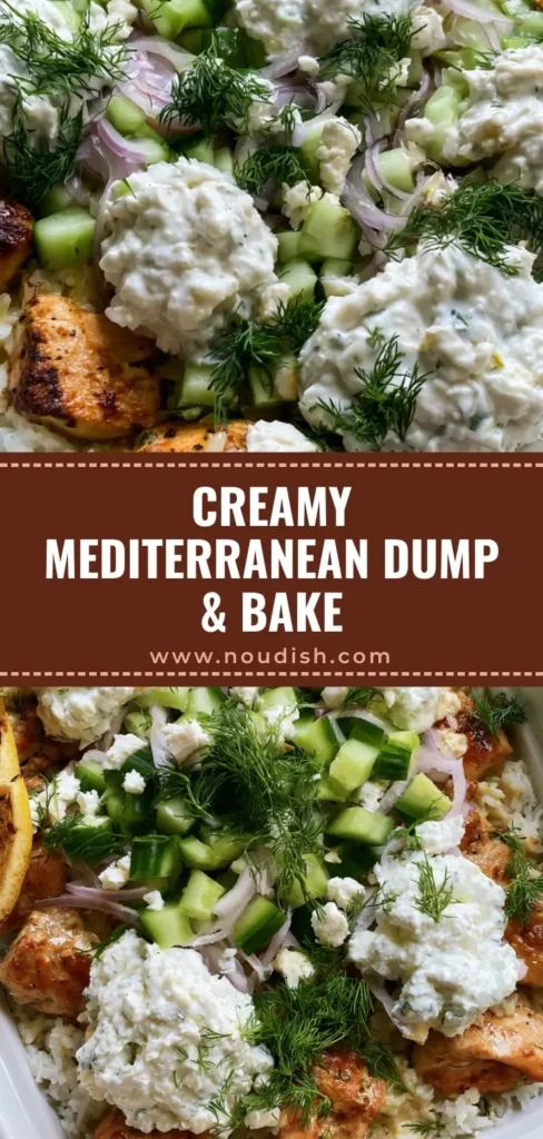 Chicken Tzatziki Casserole: The Ultimate Mediterranean Comfort Bake 4 A close-up vertical shot of Chicken Tzatziki Casserole featuring seared chicken, fluffy rice, dollops of tzatziki, and fresh dill sprigs in a white ceramic dish.