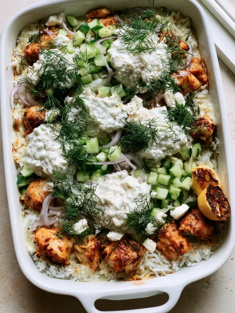 Chicken Tzatziki Casserole: The Ultimate Mediterranean Comfort Bake 2 Top-down view of Chicken Tzatziki Casserole in a baking dish showing golden chicken chunks and charred lemon wedges.