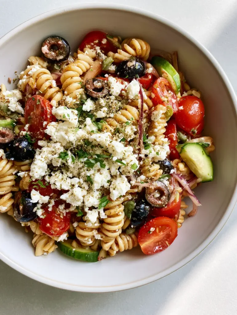 Greek Olive Pasta Salad: The Ultimate Zesty Mediterranean Recipe 1 Detailed shot of the vinaigrette glaze on a Greek Olive Pasta Salad with crumbled feta and fresh parsley.