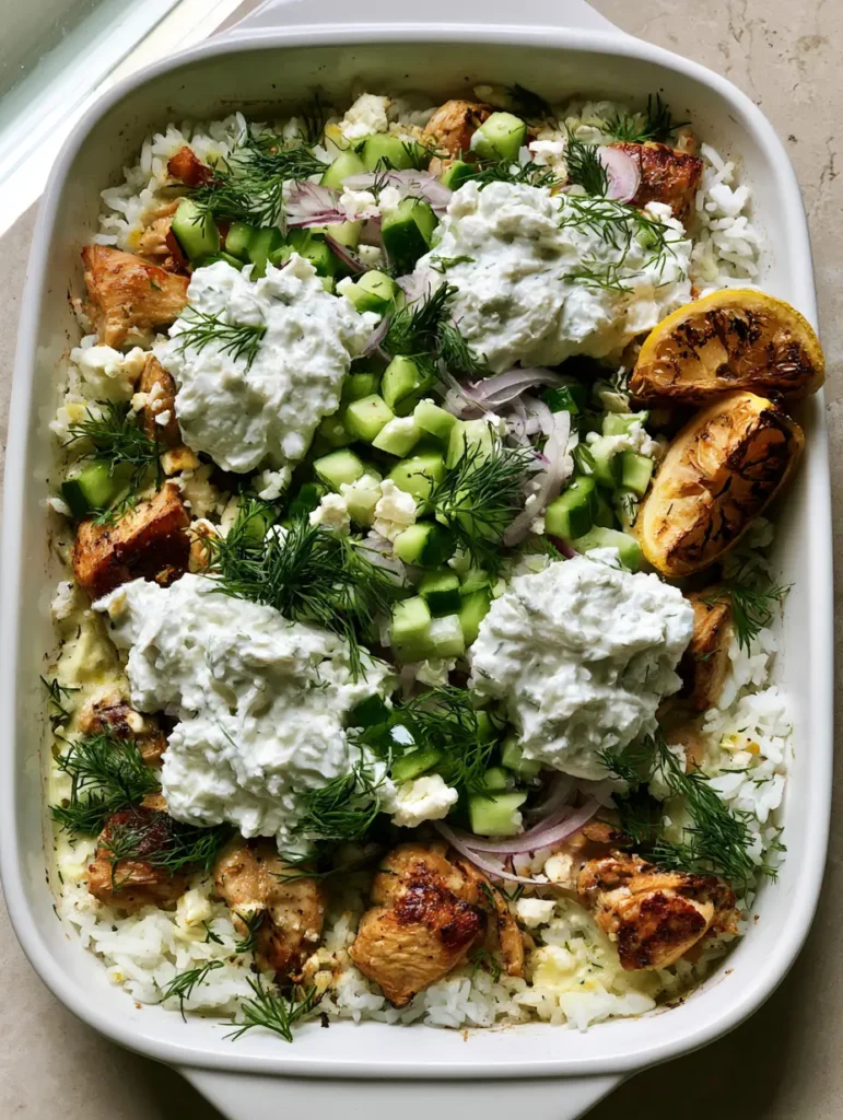 Chicken Tzatziki Casserole: The Ultimate Mediterranean Comfort Bake 1 Slightly angled shot of Mediterranean chicken bake garnished with fresh cucumbers and red onions. (Chicken Tzatziki Casserole)