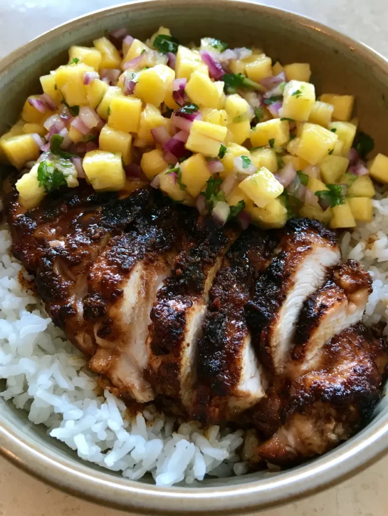 Close up of fresh pineapple salsa with red onion and cilantro inside a Jerk Chicken Bowl.