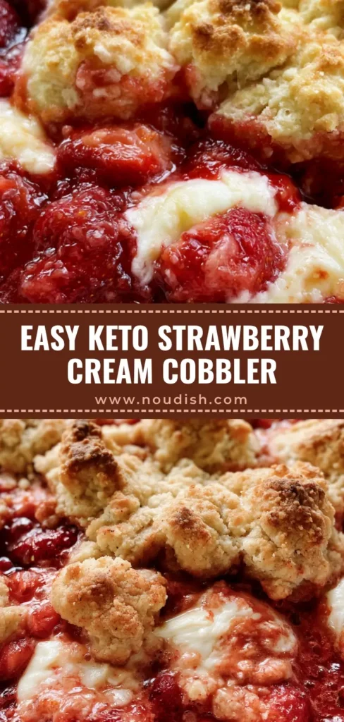 A close-up vertical shot of Keto Strawberry Cream Cheese Cobbler showing bubbly red strawberry sauce and a golden-brown crumbly crust.