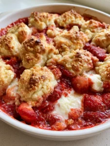 A handheld photo of a Keto Strawberry Cream Cheese Cobbler in a white ceramic dish with melted cream cheese swirls.