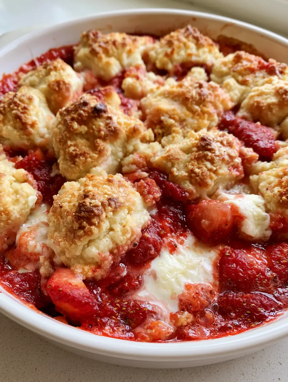 A handheld photo of a Keto Strawberry Cream Cheese Cobbler in a white ceramic dish with melted cream cheese swirls.