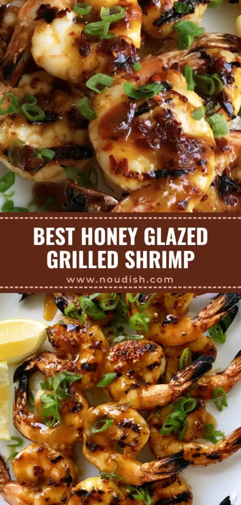 Honey Grilled Shrimp with Sticky Garlic and Charred Lemon 3 A close-up vertical shot of Honey Grilled Shrimp skewers with dark char marks and a sticky honey glaze, garnished with green onions and red pepper flakes on a white plate.