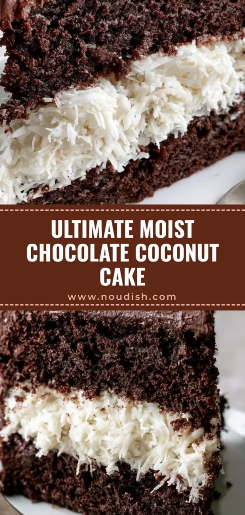 Chocolate Coconut Cake: The Ultimate Moist Layer Cake Recipe 4 A tall slice of Chocolate Coconut Cake with dark chocolate sponge, white coconut filling, and matte chocolate frosting on a white plate.