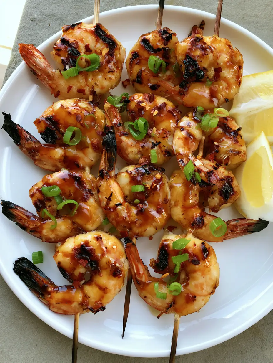 Honey Grilled Shrimp with Sticky Garlic and Charred Lemon 4 Top-down view of Honey Grilled Shrimp skewers on a white platter with lemon wedges and scallions.