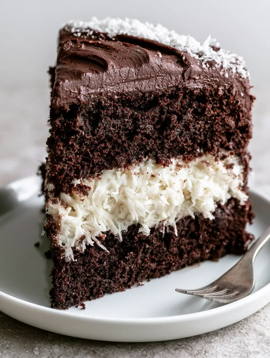 Chocolate Coconut Cake: The Ultimate Moist Layer Cake Recipe 3 Close-up of a tall slice of Chocolate Coconut Cake showing visible coconut strands in the filling.