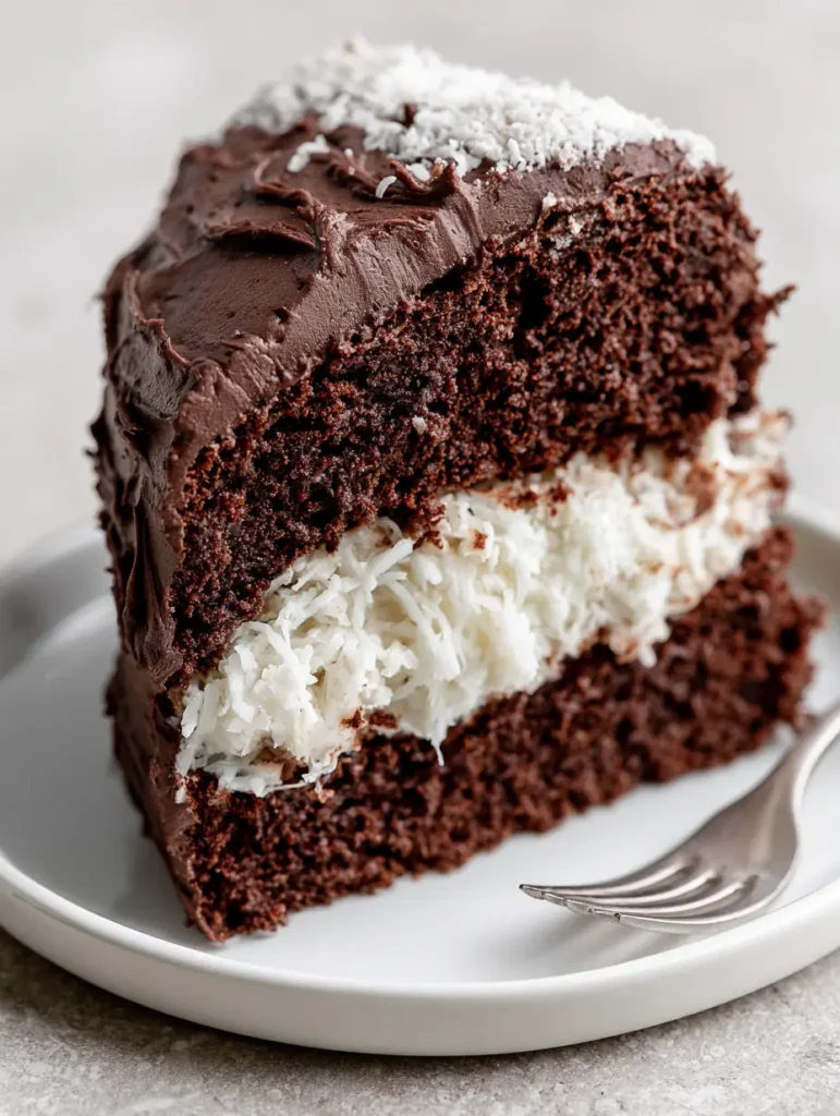 Chocolate Coconut Cake: The Ultimate Moist Layer Cake Recipe 1 Eye-level shot of dark chocolate coconut layer cake with matte frosting and silver fork.
