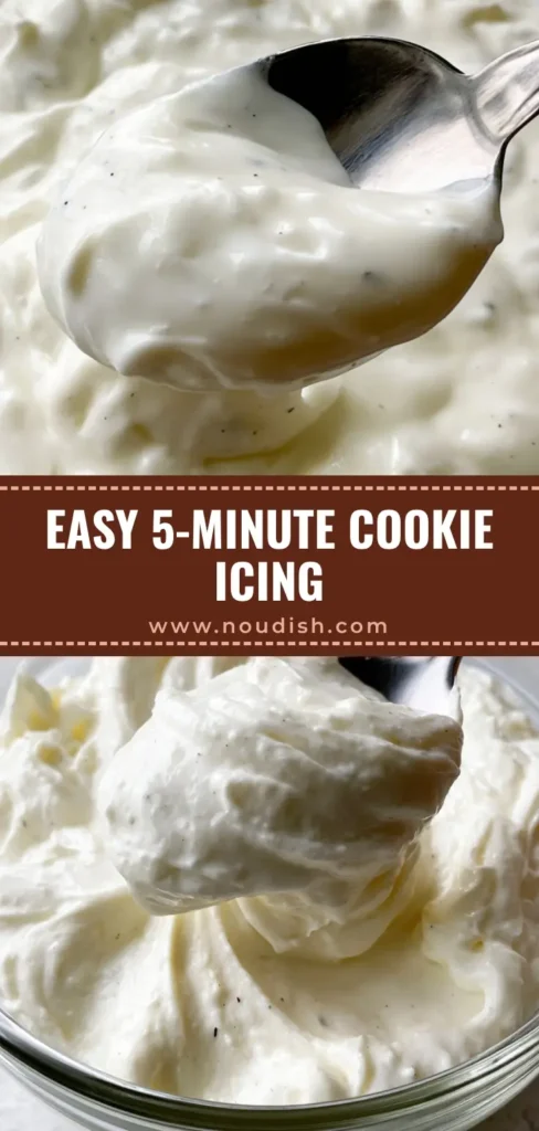 Powdered Sugar Frosting: The Ultimate 5-Minute Glossy Vanilla Glaze 3 A close-up vertical view of glossy white Powdered Sugar Frosting being drizzled from a silver spoon into a glass bowl, showing a thick opaque ribbon.